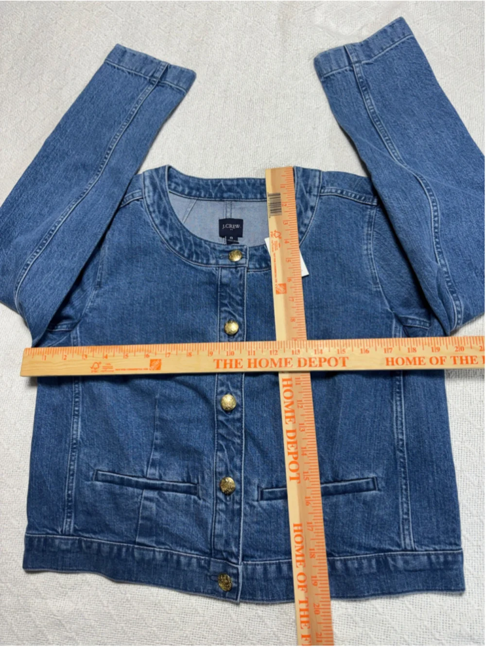 NWT J Crew Factory Denim Lady Jacket Blue Jean Gold Button Collarless Coat Sz 8